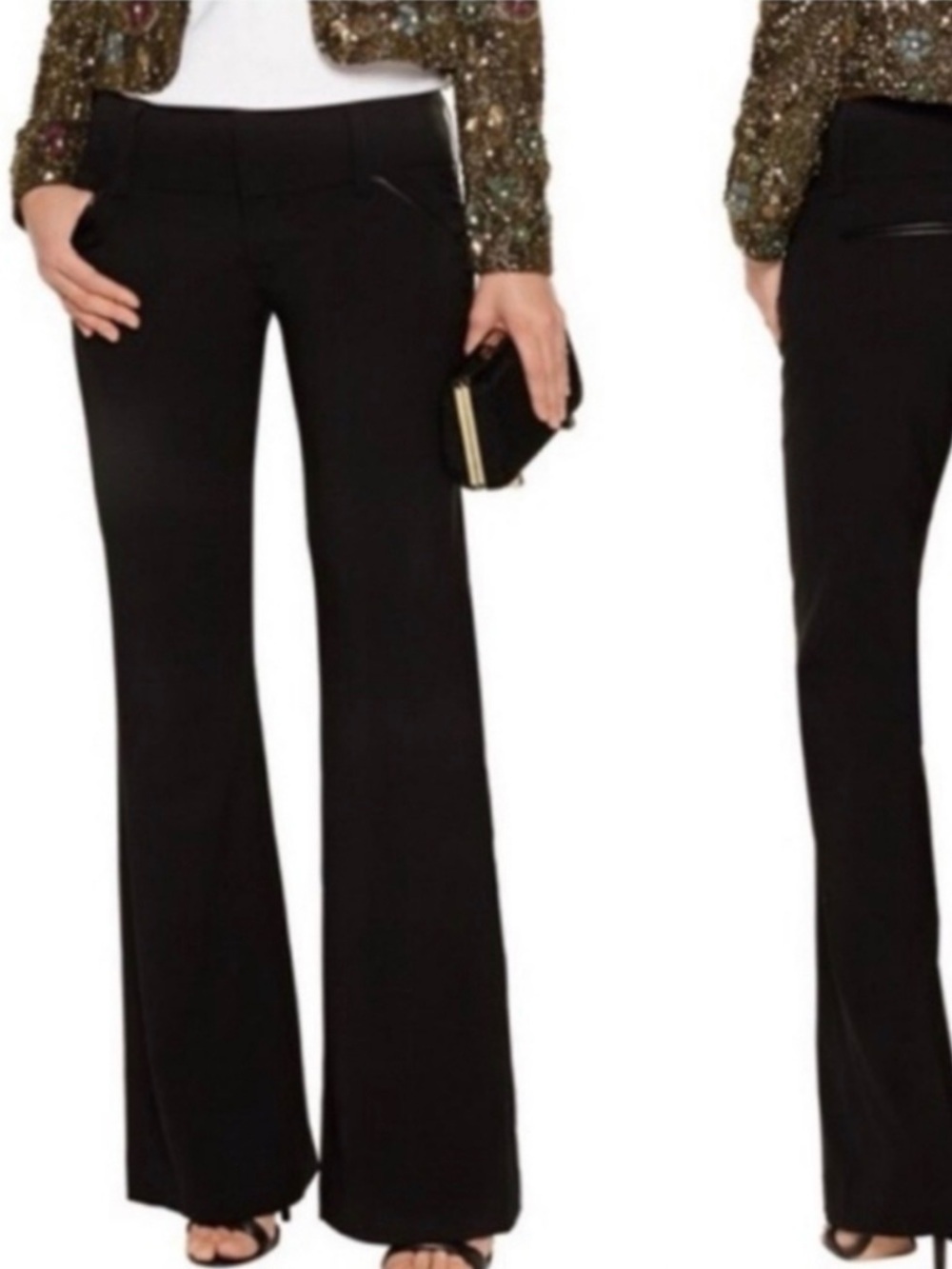 Alice + Olivia Black Leather Trim Flare Trousers Low Rise Y2K Size 6